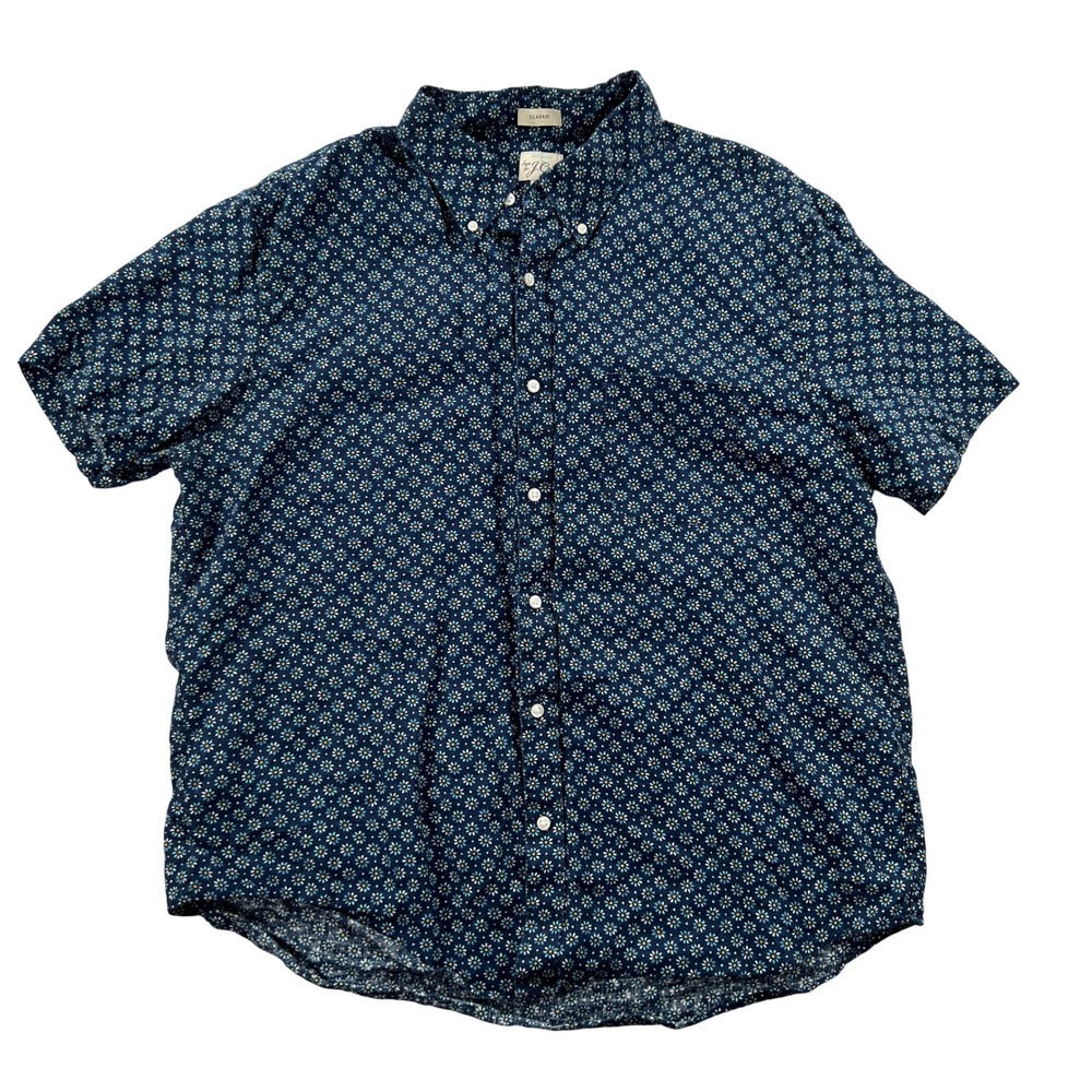 J.Crew Mens XL Navy Blue Floral Daisy 100% Linen Short Sleeve Button Down Shirt